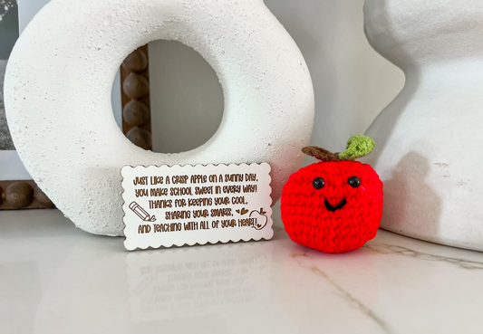 Mini Crochet Apple & Engraved Wood Card Teacher Gift