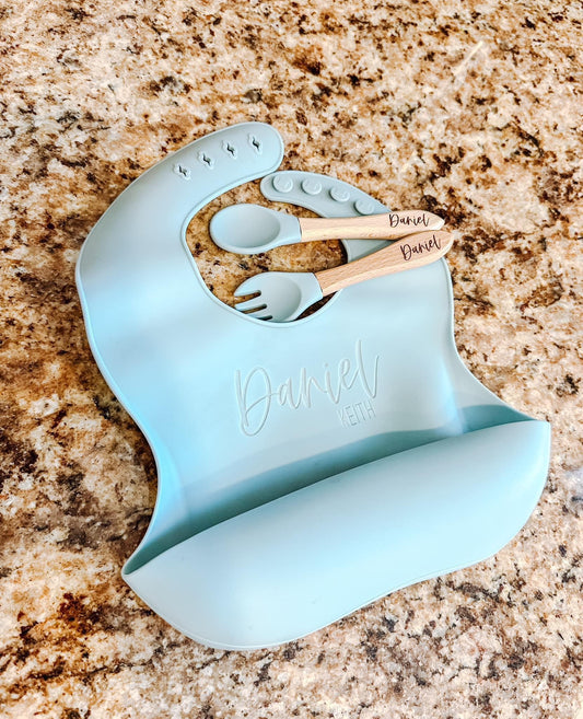 Personalized Baby Bib & Utensil Set with bowl & plate
